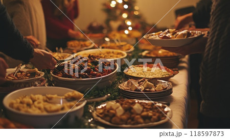 A Festive Buffet Table Spread With Various Dishes 118597873