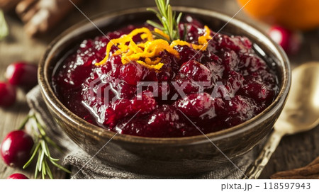 Bowl of Homemade Cranberry Sauce with Orange Zest and Rosemary Bowl of Homemade Cranberry Sauce with Orange Zest and Rosemary 118597943