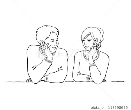 頬杖をついて微笑む二人の男女の線画イラスト 118598656