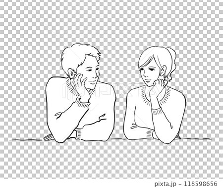 頬杖をついて微笑む二人の男女の線画イラスト 118598656
