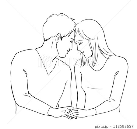 おでこをくっつける幸せそうなカップルの線画イラスト 118598657