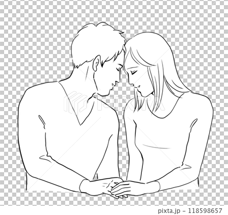 おでこをくっつける幸せそうなカップルの線画イラスト 118598657