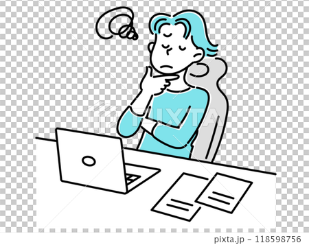 A worried young man with his arms folded in front of a laptop 118598756