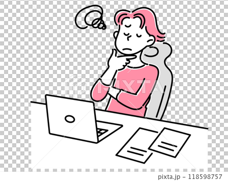 A worried young man with his arms folded in front of a laptop 118598757