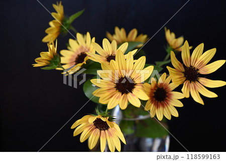小輪のひまわりの花が花瓶入っているところ 118599163