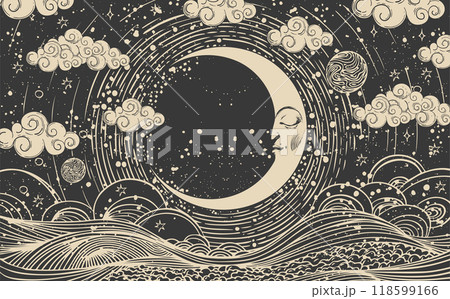 Celestial astrological moon chart with face, vector crescent moon esoteric zodiac poster, horoscope, tarot. Universe creation with clouds, stars and sun. Celestial astrological moon chart with face, vector crescent moon esoteric zodiac poster, horoscope, tarot. Universe creation with clouds, stars and sun. 118599166