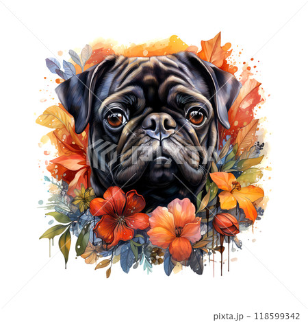 Artistic portrait of a pug surrounded by vibrant flowers, blending detailed realism and colorful splashes for a playful and elegant pet-themed design. 118599342