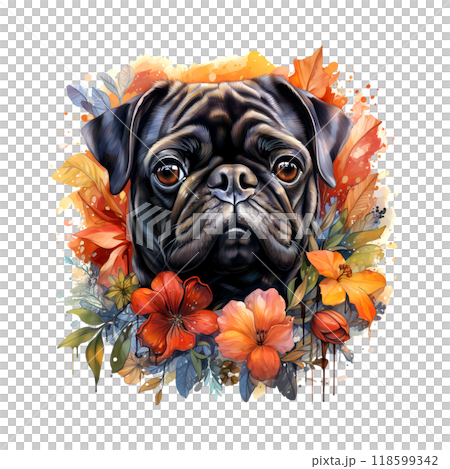 Artistic portrait of a pug surrounded by vibrant flowers, blending detailed realism and colorful splashes for a playful and elegant pet-themed design. 118599342