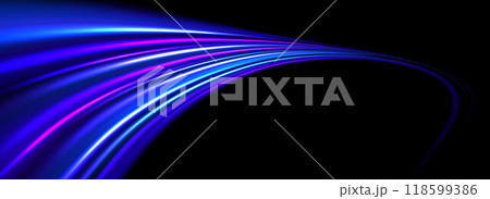 Glowing neon light trail background. Bright blue purple speed lines. Magic luminous curved road concept. Abstract bent dynamic moving stripes. Bright streaks for poster, banner, flyer. Vector 118599386