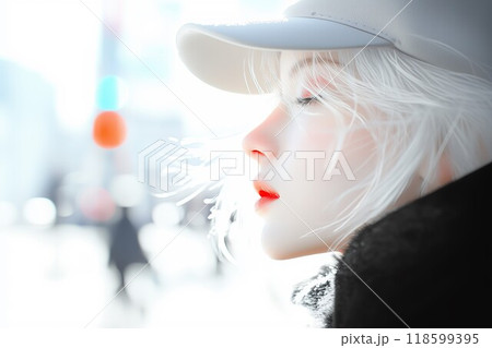 街歩きをするキャップを被った若い女性 118599395