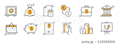 Money finance doodle hand drawn icon set. Finance business, money, bank sketch drawn cute trendy doodle icon. Business bank sketchy calculator, increase economic goal elements. Vector 118599404