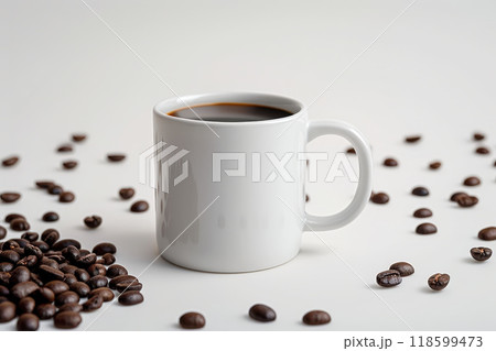 White coffee mug mockup with coffee beans on wooden table. 118599473