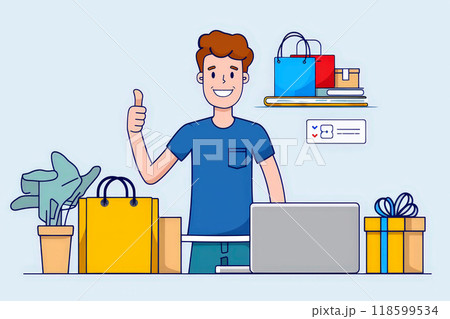 A man thumb up on their laptop showing product reviews .shopping online and customer care concept 118599534