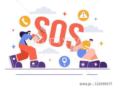 SOS Message Illustration featuring People in Need of Emergency Assistance in Various Situations like Being Lost, Drowning, Stranded on an Island SOS Message Illustration featuring People in Need of Emergency Assistance in Various Situations like Being Lost, Drowning, Stranded on an Island 118599577