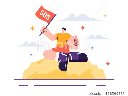 SOS Message Illustration featuring People in Need of Emergency Assistance in Various Situations like Being Lost, Drowning, Stranded on an Island SOS Message Illustration featuring People in Need of Emergency Assistance in Various Situations like Being Lost, Drowning, Stranded on an Island 118599585