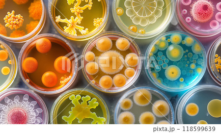 Colorful bacteria colonies in various petri dish background Colorful bacteria colonies in various petri dish background 118599639