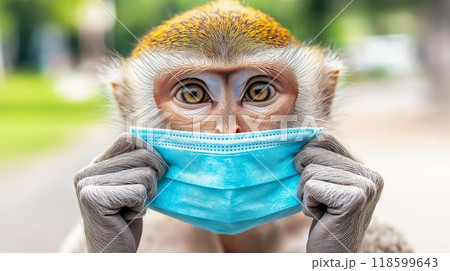 Monkey wearing protective mask. Containing monkeypox epidemic concept 118599643