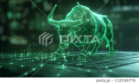 Bull market concept. Green holographic bull and red stock market chart 118599776