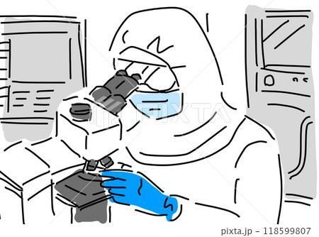 半導体顕微鏡で検査するクリーンウェアの作業員 118599807
