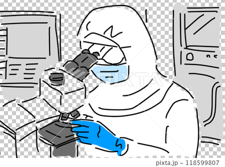 半導体顕微鏡で検査するクリーンウェアの作業員 118599807