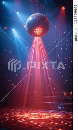 Scene in neon lights and spotlights with disco ball Scene in neon lights and spotlights with disco ball 118599961