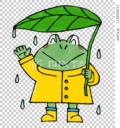 雨ガッパを着るカエルのキャラクター 118600051