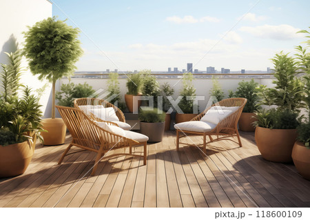 Cozy outdoor roof terrace with armchairs and potted plants Cozy outdoor roof terrace with armchairs and potted plants 118600109