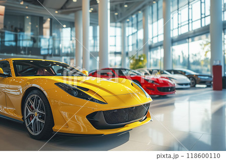 Premium red and yellow sports cars in modern dealership showroom with huge windows 118600110