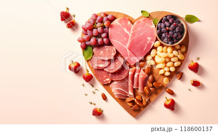 Heart-shaped charcuterie board filled with assorted meats, fruits and nuts for Valentine's day party 118600137