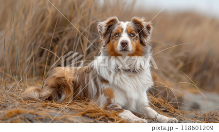 Australian Shepherd navigating rocky mountains, running on sandy beaches, or swimming in pristine lakes 118601209