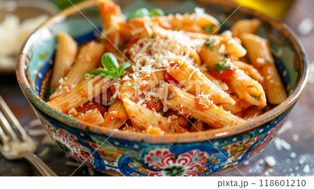 Penne pasta in spicy arrabbiata sauce with tomatoes, garlic, chili flakes, and fresh basil Penne pasta in spicy arrabbiata sauce with tomatoes, garlic, chili flakes, and fresh basil 118601210