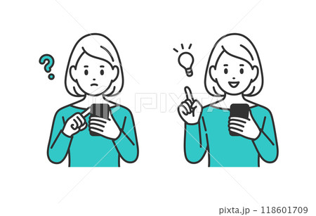 スマホを見て疑問を持つ･ひらめきのポーズをする若い女性のセット【人物ベクターイラスト素材】 118601709