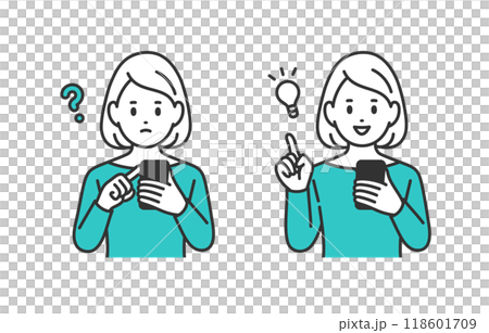 A set of young women looking at their smartphones and having doubts/inspiration poses [People vector illustration material] 118601709