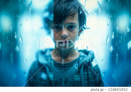 Portrait of a sad little boy looking through the raindrops. Selective Focus 118601852