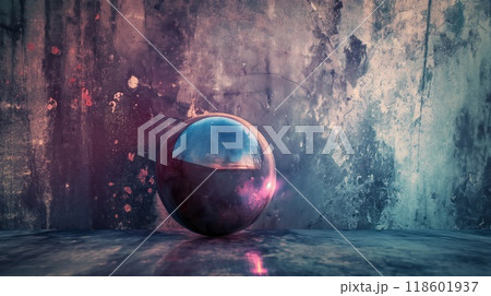 Glass glossy sphere on grunge concrete wall. Generative AI Glass glossy sphere on grunge concrete wall. Generative AI 118601937