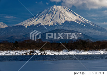 冬の精進湖畔から見る富士山 118601991