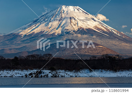 冬の精進湖湖畔から見る富士山 118601994
