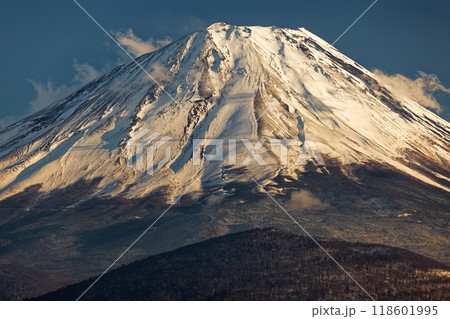冬の精進湖湖畔から見る富士山 118601995