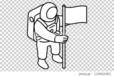太空人在地面上舉著旗幟的簡單黑白線畫，等軸圖 118602001