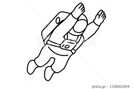 手を伸ばして浮遊する宇宙飛行士のシンプルな白黒線画、アイソメイラスト 118602004