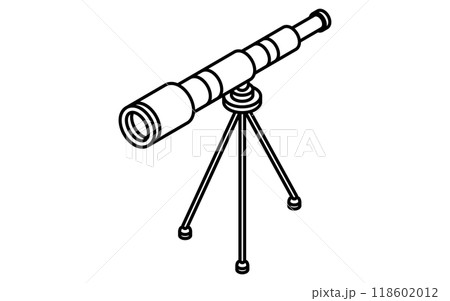 望遠鏡のシンプルな白黒線画、アイソメイラスト 118602012