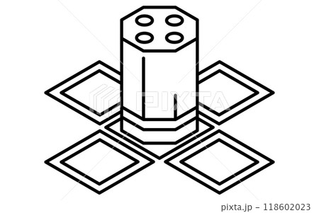 人工衛星のシンプルな白黒線画、アイソメイラスト 118602023