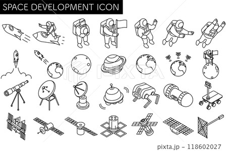 宇宙飛行士や人工衛星などの宇宙開発のシンプルな白黒線画、アイソメイラストセット 宇宙飛行士や人工衛星などの宇宙開発のシンプルな白黒線画、アイソメイラストセット 118602027