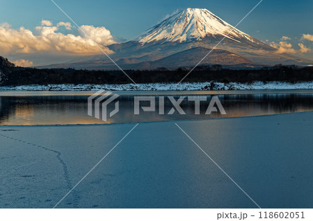 冬の精進湖湖畔から見る富士山 118602051