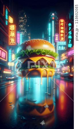 Gourmet Burger in a Neon Cityscape 118602085
