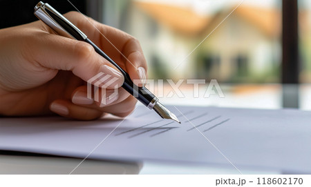 不動産契約書に署名するシーン 118602170
