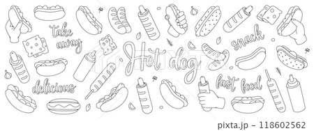Hot dogs outline set. Takeaway snack. Long buns, sausage, vegetables, sauces. American street fast food. Vector illustration. 118602562