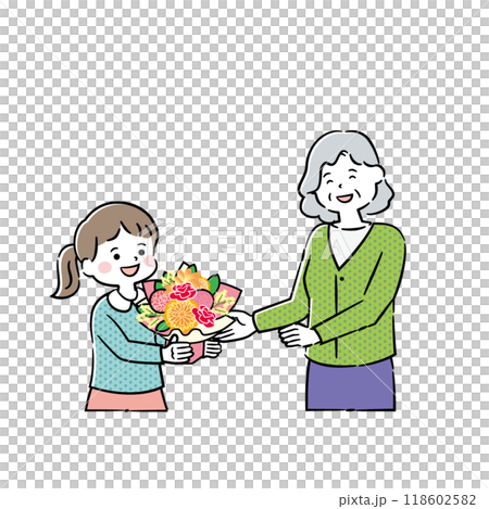敬老の日のプレゼントを渡す子どもとおばあちゃん 4C_2 敬老の日のプレゼントを渡す子どもとおばあちゃん 4C_2 118602582