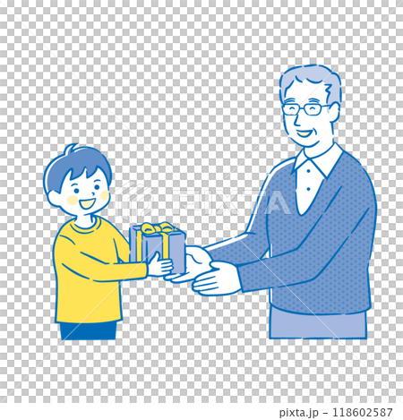 敬老の日のプレゼントを渡す子どもとおじいちゃん 2C_1 118602587