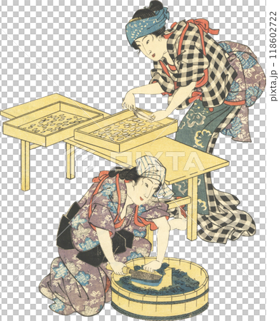 Ukiyo-e illustration: sericulture Ukiyo-e illustration: sericulture 118602722